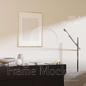 Gold Single Frame Mockup, Minimal Art Print Mockup, Natural Shadow Light Interior, Thin Frame Photoshop Mockup, Modern White Interior PSD