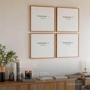 May include: A mockup of four square picture frames with wooden frames, hanging on a white wall. The frames are arranged in a 2x2 grid. The text "Placeholder 1 (1:1)" is visible in the top left frame. The text "Placeholder 2 (1:1)" is visible in the top right frame. The text "Placeholder 3 (1:1)" is visible in the bottom left frame. The text "Placeholder 4 (1:1)" is visible in the bottom right frame. The text "frame Mockup" is visible below the frames. The text "BY NOON SPACES" is visible in the bottom right corner of the image.