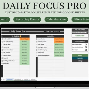 May include: A laptop screen displays a digital to-do list titled "Daily Focus Pro." The interface includes sections for tasks, activities, and a calendar view. Green buttons read "Dashboard," "Recurring Events," "Calendar View," and "Filters & Settings."