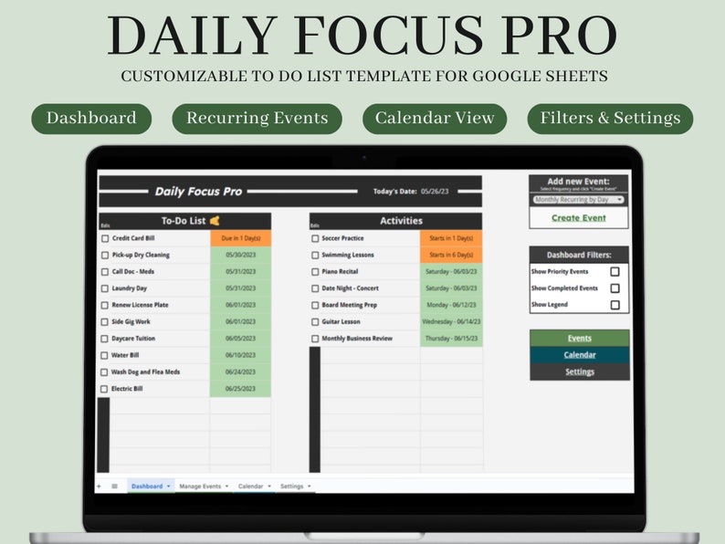 Task Activity Buttons To Do List, Daily Planner, Daily Event Tracker, Google Sheets Template ...