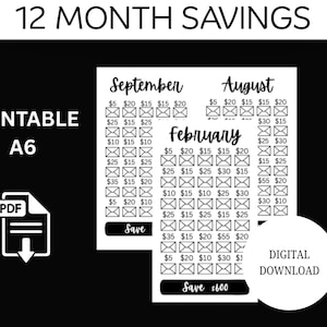 Może przedstawiać: Czarno-biały, drukowany tracker oszczędności A6 z napisem "12 MONTH SAVINGS". Projekt zawiera ikony kopert z kwotami od 5 € do 55 € oraz tekst "Save 600 €". Zawiera również słowa "Printable", "PDF" i "Digital Download".