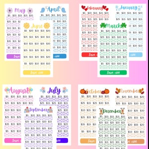 Puede incluir: Un gráfico de desafío de ahorro de 12 meses imprimible con un diseño colorido. Cada mes tiene un tema y un esquema de color diferentes. El gráfico incluye una cuadrícula de cantidades en euros para realizar un seguimiento de los objetivos de ahorro. El objetivo de ahorro total para cada mes es de 600 euros.