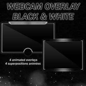 Peut inclure: Deux cadres de superposition de webcam noir et blanc avec un contour blanc néon. Le texte "WEB CAM OVERLAY BLACK & WHITE" est en haut de l'image. Le texte "4 superpositions animées 4 superpositions animées" est en bas de l'image.