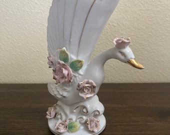 Vintage Swan Pink Rose Victorian Porcelain Vase
