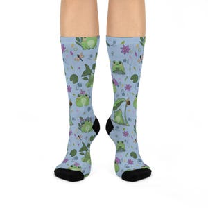 Frog Socks, Cute Animal Footwear, Happy Amphibian Crew Socks, Blue Frog Print, Fun Sock Gift, Frog Lover Apparel