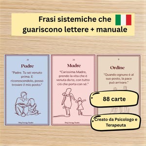 Può includere: Un set di 88 carte con testo in italiano, con illustrazioni e frasi. Le carte sono progettate con uno schema di colori azzurro, rosa e beige. Il testo sulle carte include frasi sulla famiglia e l'ordine, con le parole "Padre", "Madre" e "Ordine".