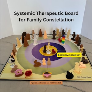 May include: A Systemic Therapeutic Board for Family Constellation with a circular design, featuring various figurines and symbols. The board has a yellow, purple, and green color scheme. Text on the board reads "Exclusive product" and "Figures and cards are not included."