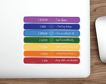 Chakras Charts Sticker, Chakras Mantras Affirmations Waterproof Decal, Gift for Mystical Woman Man