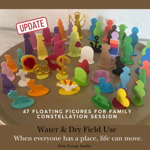 May include: A collection of 47 colorful floating figures for family constellation sessions. The figures include shapes of people, animals, and symbols like an angel, dollar sign, and anchor. The image includes the text "Water & Dry Field Use".