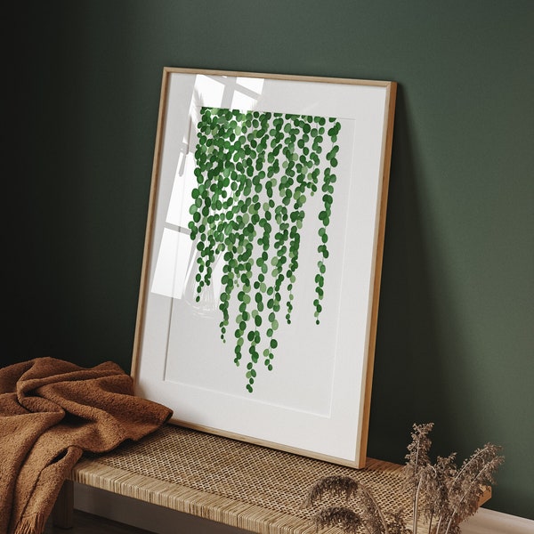 Vibrant string of pearls watercolor plant wall art, houseplant poster for farmhouse decor, gift for plant lovers, plant mama, plant daddy