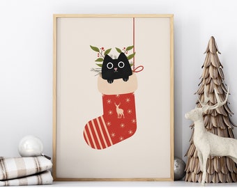 Cat Christmas Wall Art, Mid Century Modern Boho Christmas Print, Funny Cat Poster Print, Christmas Gift for cat parent dad mom cat lover