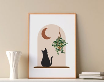 Cat Boho Wall art, Cat Wall Art, Botanical plants Prints, Hanging plant art, Plant Lover Poster, Cat Lover Gift, Cat and Plant print