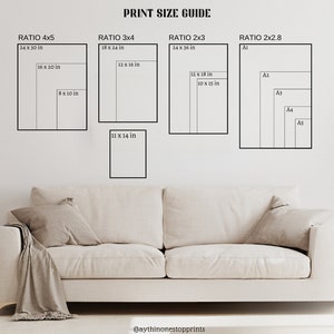 May include: Print size guide with various rectangular frames labeled with ratios and dimensions in inches. The guide includes sizes like 24 x 30 in, 16 x 20 in, and 8 x 10 in. The text "PRINT SIZE GUIDE" is at the top. A beige sofa is in the foreground.