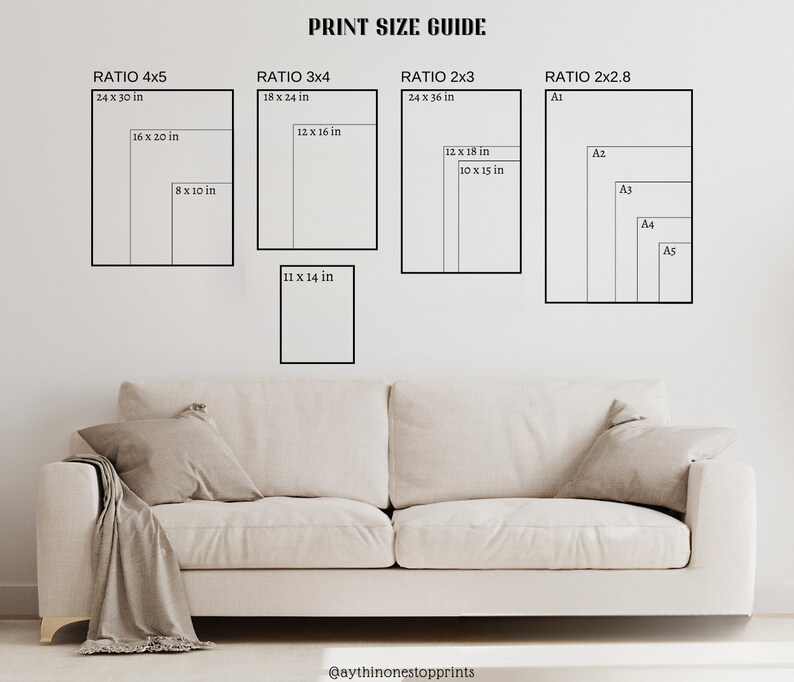 May include: Print size guide with various rectangular frames labeled with ratios and dimensions in inches. The guide includes sizes like 24 x 30 in, 16 x 20 in, and 8 x 10 in. The text "PRINT SIZE GUIDE" is at the top. A beige sofa is in the foreground.