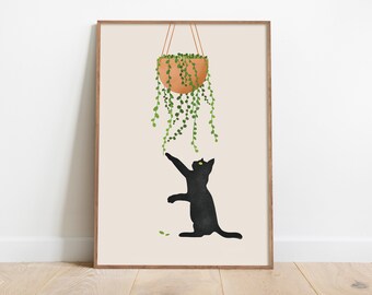 Cat Wall Art, Cat and Plant Wall art, Gifts for plant lover. Gifts for cat lover, Cat Boho Wall Decor, Botanical plants Prints