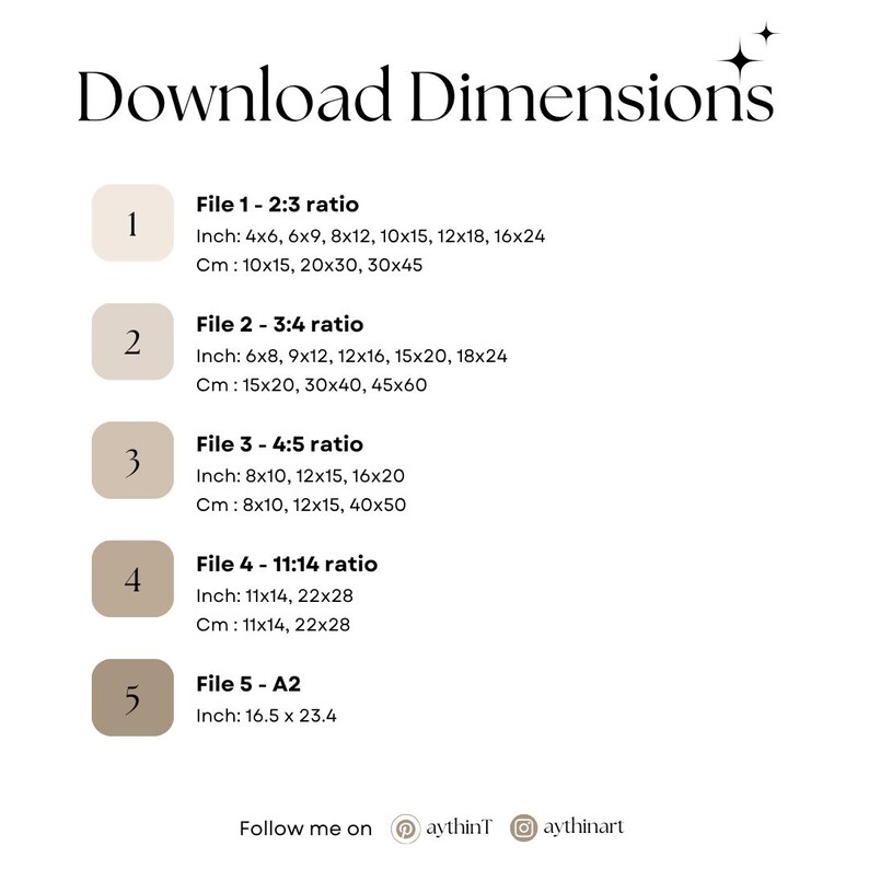 May include: A digital art print with dimensions for download. The text includes file ratios such as 2:3, 3:4, 4:5, 11:14, and A2. Inch measurements include 4x6, 6x9, 8x12, 10x15, 12x18, 16x24, 6x8, 9x12, 12x16, 15x20, 18x24, 8x10, 12x15, 16x20, 11x14, 22x28, and 16.5 x 23.4.