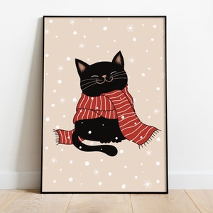 Arte da parete stampabile Cat Winter Wonderland, poster moderno Boho Black Cat, poster regalo per amante dei gatti per l'inverno Natale autunno