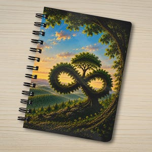 May include: A spiral-bound notebook featuring a cover illustration of a tree with branches shaped into an infinity symbol. The scene depicts a lush green forest landscape under a sunset sky with orange and blue clouds, framed by overhanging foliage.