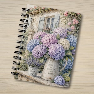 French Cottage Hydrangea Journal, 5x7 Spiral Notebook, Cottagecore Writing Journal, Floral Garden Diary, 150 Lined Pages