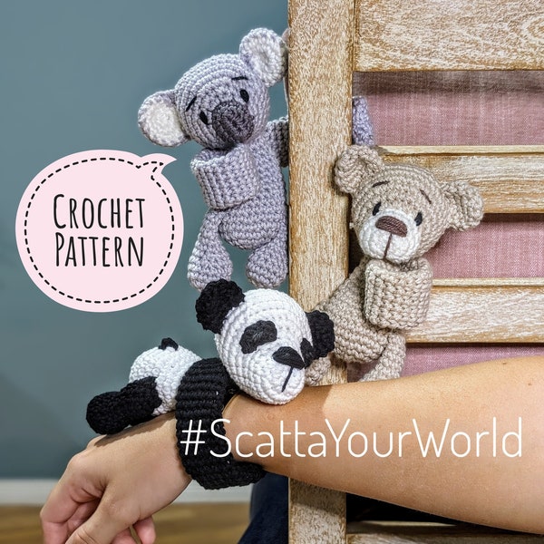 Original Crochet PDF Pattern: Snap Slap Crochet Animal Hugger Band - Amigurumi Character - Cute Teddy Bear, Chinese Panda & The Aussie Koala