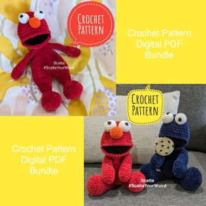 May include: A digital PDF bundle of crochet patterns for two plush toys. The first toy is a red, crocheted Elmo-like character. The second toy is a blue, crocheted Cookie Monster-like character. The text "Crochet Pattern Digital PDF Bundle" appears twice in the image.