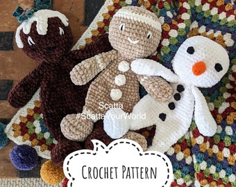 3 modèles PDF au crochet : amis de Noël - Pudding / gâteau de Noël, bonhomme en pain d'épice et bonhomme de neige - Personnage au crochet Amigurumi