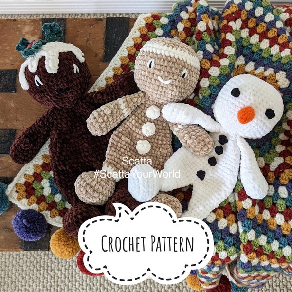 3x Crochet PDF Patterns: Christmas Friends - Christmas Pudding / Cake, Gingerbread Person & Snowman - Amigurumi Crochet Character