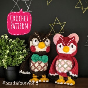 May include: Crochet pattern for two animal plushies. The owl plush is brown with a green bow tie and the other plush is red with white and pink accents. The text "#ScattaYourWorld" is at the bottom of the image.