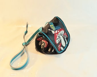 WONDERFUL WONDERLAND POUCH.  Catipiller on Mushroom Themed Genuine Leather Handcrafted Embroidered Drawstring Coin Purse for neck.