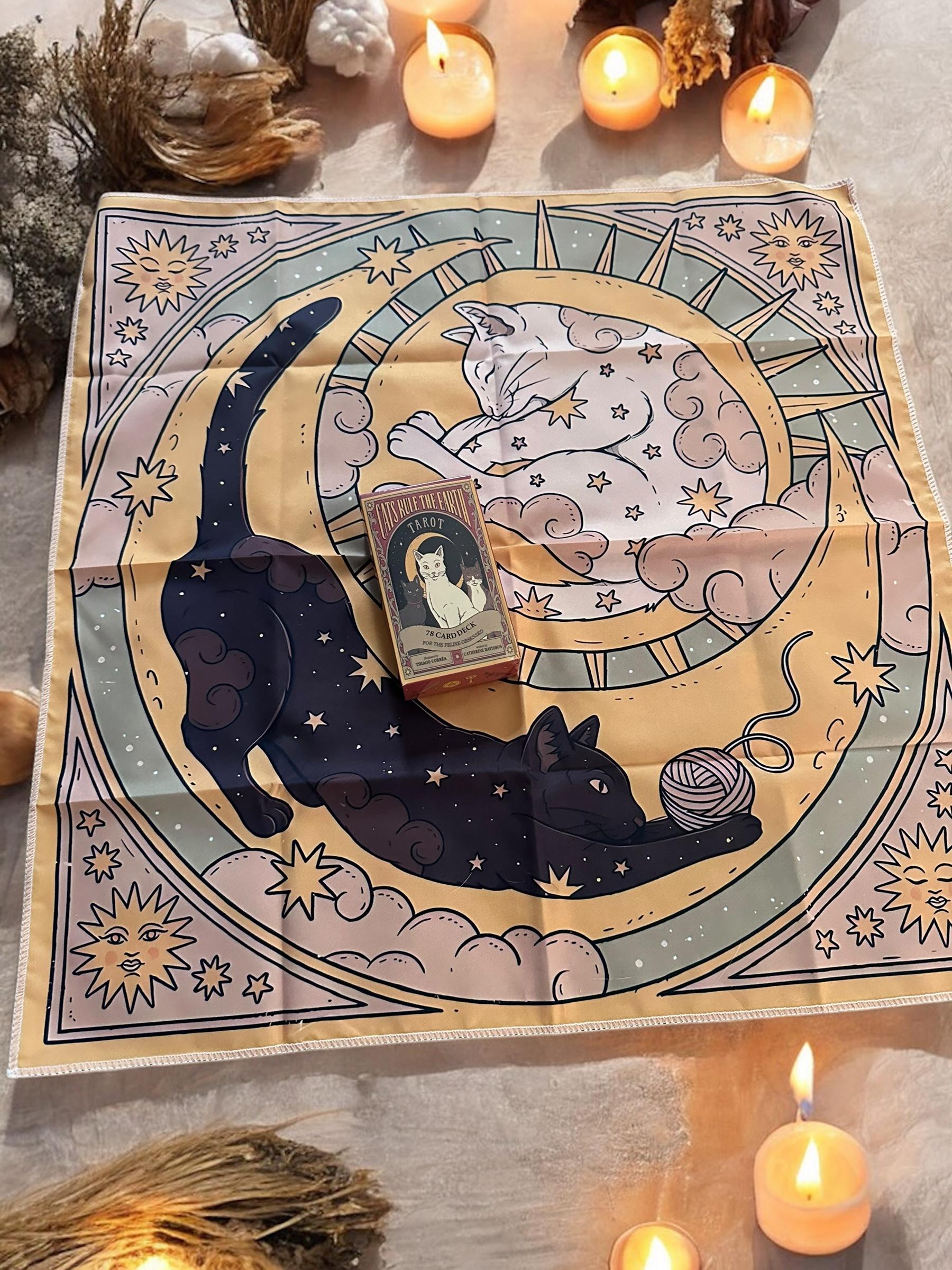Sun Cat Altar Cloth with Tarot Deck – Spiritual Decor – Witchy Divination Mat - Pagan Green Witch Wicca