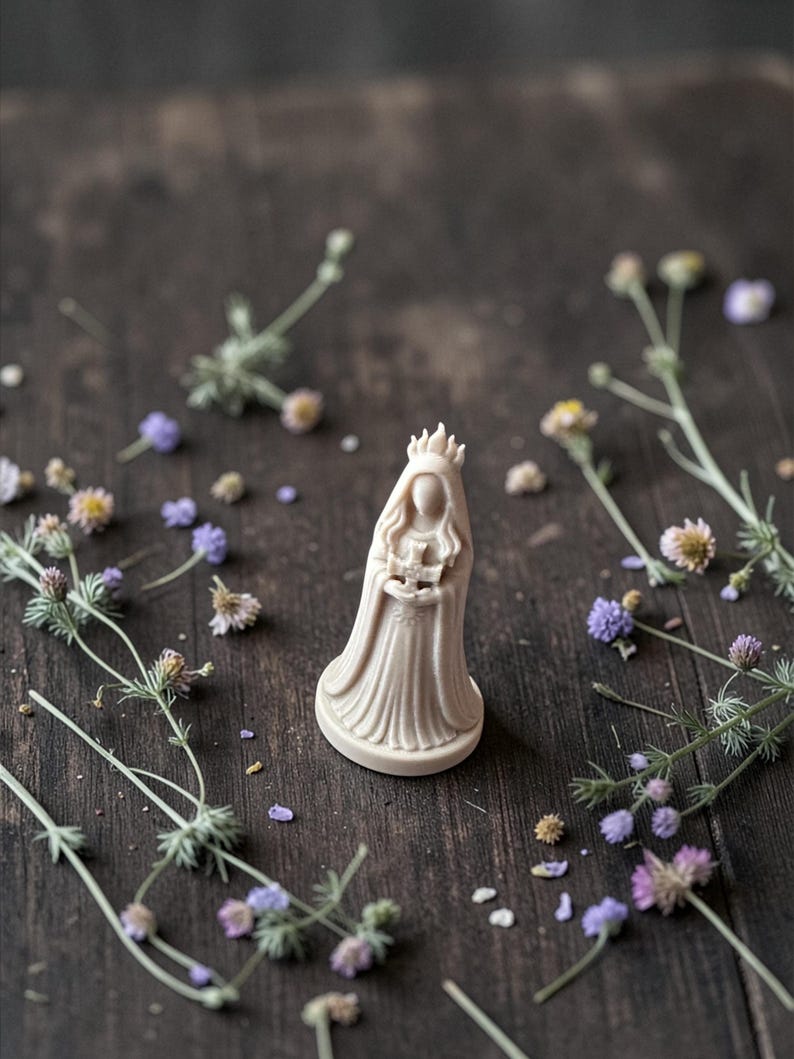 Puede incluir: Figura beige de una figura vestida con una corona, sosteniendo un objeto. La figura est&aacute; rodeada de peque&ntilde;as flores y vegetaci&oacute;n sobre una superficie de madera oscura. La figura mide unos 7 cm de altura.
