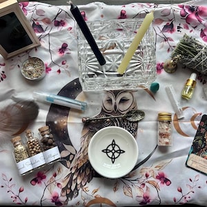Beginner Spell Kit Witch Ritual Owl Altar Cloth, Baby Witch Starter Curiosity Bundle, Scrying Mirror, Witches Knot Offering Dish
