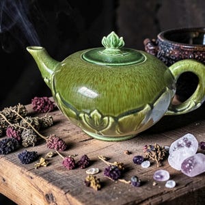 Green Ceramic Teapot, Rustic Witchy Teapot | Herbal Tea Pot, Cottagecore Kitchen