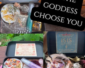 May include: Several altar kits presented in black tins, each filled with diverse items such as dried flowers, feathers, crystals, and small bottles. The text "LET THE GODDESS CHOOSE YOU" is visible. The kits are labelled "GAIA RITUAL", "Aphrodite", and "ISIS ALTAR KIT".
