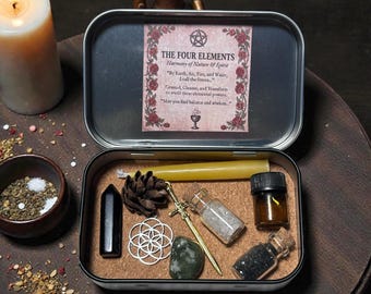 Four Elements Altar Tin, Earth Air Fire Water, Portable Ritual Kit, Black Candle