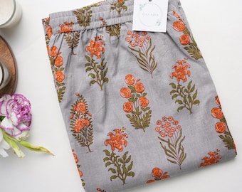 Cotton Pajamas Women: PJ Pants, Floral Print, Pockets- Smoky Blooms