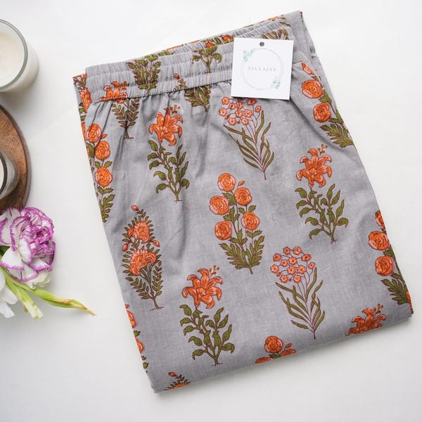 Cotton Pajamas Women: PJ Pants, Floral Print, Pockets- Smoky Blooms