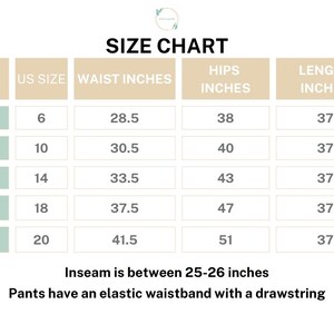 Size chart for women’s 3-pack 100% cotton pajama pants with vibrant floral prints including orange flowers on gray, blue and purple flowers on orange, and orange flowers on green – detailed measurements for relaxed fit pj pants with elastic waistband, adjustable drawstring, and pockets, designed for breathable, soft, lightweight lounge & sleepwear, perfect for selecting the ideal size for menopause gift ideas and cotton anniversary gifts.