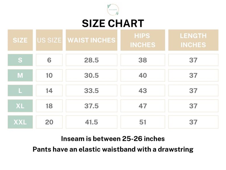 Size chart for women’s 3-pack 100% cotton pajama pants with vibrant floral prints including orange flowers on gray, blue and purple flowers on orange, and orange flowers on green – detailed measurements for relaxed fit pj pants with elastic waistband, adjustable drawstring, and pockets, designed for breathable, soft, lightweight lounge & sleepwear, perfect for selecting the ideal size for menopause gift ideas and cotton anniversary gifts.