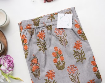 Women Pajama Bottoms, Floral Print Cotton Sleepwear: Smoky Blooms