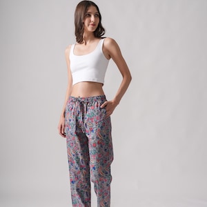 Women&#39;s Pants 100% Cotton Tropical Print Floral Lounge Pants Casual Colorful Trousers Elastic Waist Pull-on Pants Soft Comfy - Gray Splendor