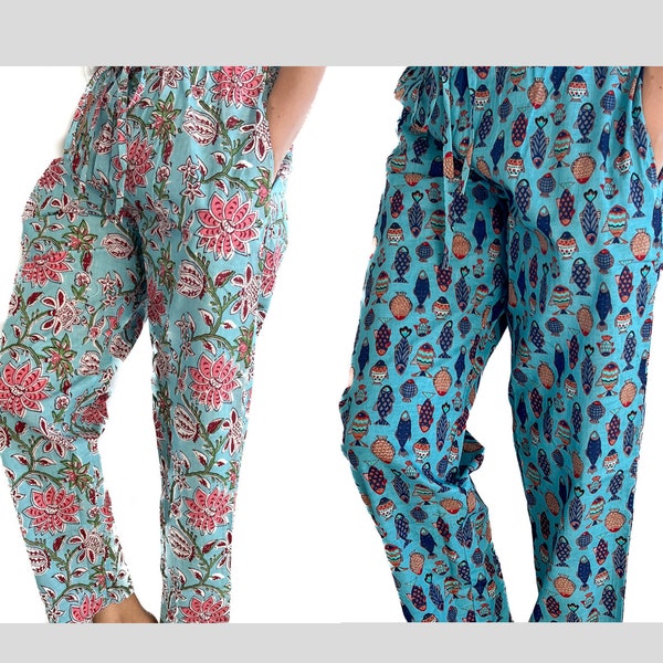 Pack of 2 - 100% Organic Cotton Pajama Pants, Soft Breathable Comfy PJs, Big Pockets Adjustable Waistband, Floral Marine, Women's Sleepwear