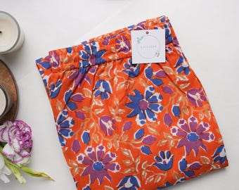 Floral Pants Women 100% Cotton Lounge Pants Soft Pull On Pants Comfy Elastic Waist Boho Relaxed Fit Tropical Print Cute - Tangerine Twilight