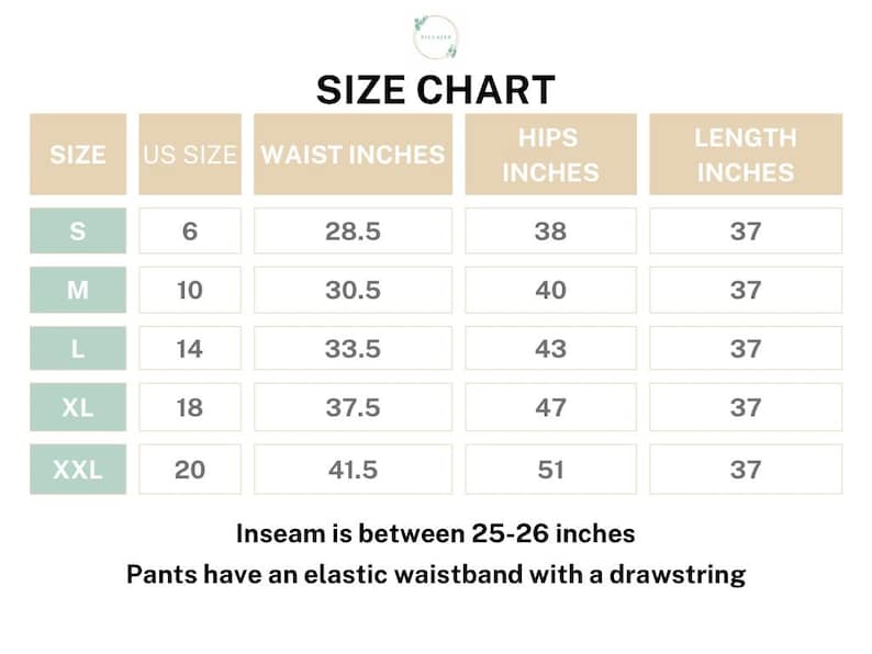 Size chart for unique cotton lounge pants for nature lovers, featuring breathable fabric, elastic waistband, adjustable drawstring, deep pockets, and vibrant pink floral butterfly print on blue.