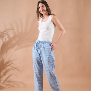 Ladies Soft Lounge Pants 100 Cotton Comfy Lounge & Sleepwear Boho Breathable Bottoms Relaxed Fit Handmade Print Tropical - Tranquil Blue