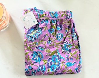 Cotton Pajama Pants Women Handmade comfy soft light pj’s bottoms wide legged pocketed summer pattern plus sizing cozy cute - Mystic Lavender
