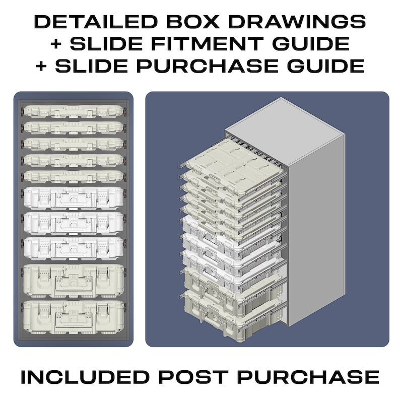 K&ouml;nnte beinhalten: Ein technisches Diagramm mit der Aufschrift DETAILED BOX DRAWINGS + SLIDE FITMENT GUIDE + SLIDE PURCHASE GUIDE. Das Bild zeigt eine vertikale Aufbewahrungseinheit mit mehreren hellgrauen rechteckigen Boxen auf Gleitschienen, INCLUDED POST PURCHASE.