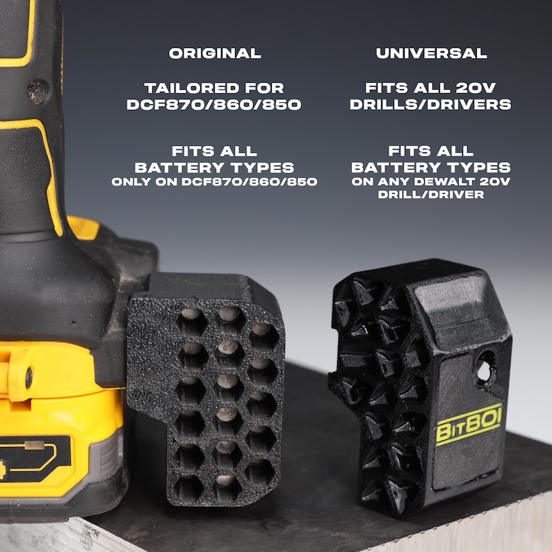 May include: A black BitBoi drill bit holder accessory with a hexagonal grid pattern. The image displays an original version attached to a yellow and black power drill, and a universal version. Text includes: ORIGINAL TAILORED FOR DCF870/860/850 FITS ALL BATTERY TYPES ONLY ON DCF870/860/850 UNIVERSAL FITS ALL 20V DRILLS/DRIVERS FITS ALL BATTERY TYPES ON ANY DEWALT 20V DRILL/DRIVER.