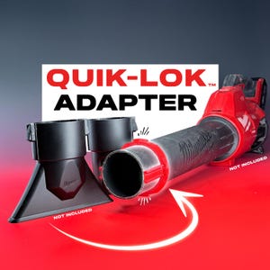 May include: Red and black Quik-Lok adapter for a leaf blower. The image shows the adapter with the text "QUIK-LOK ADAPTER" in white and red. The adapter is shown with a black nozzle and a red clamp.