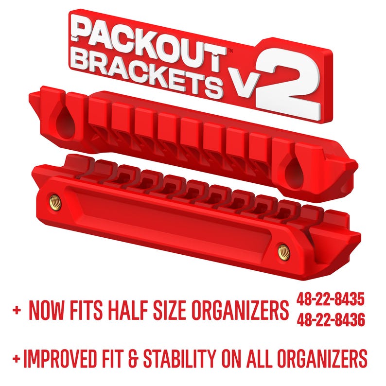 K&ouml;nnte beinhalten: Zwei rote Kunststoff-Packout Brackets V2 mit gekerbtem Design und messingfarbenen Gewindeeins&auml;tzen. Der Text lautet: PACKOUT BRACKETS V2, NOW FITS HALF SIZE ORGANIZERS 48-22-8435 48-22-8436 und IMPROVED FIT & STABILITY ON ALL ORGANIZERS.